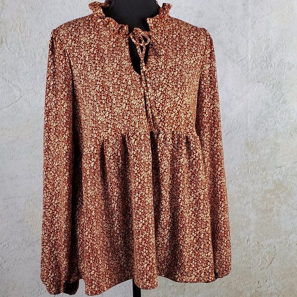 Rust Colored, Floral Baby Doll Top, with Bell Long Sleeve - Picture 1 of 5